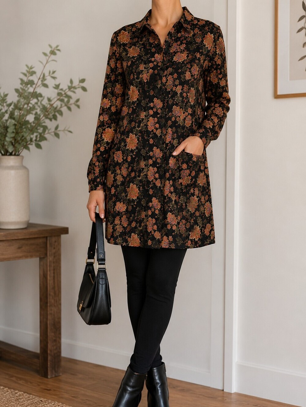 JOELLE Floral Button Front Tunic Dress Shirt Small